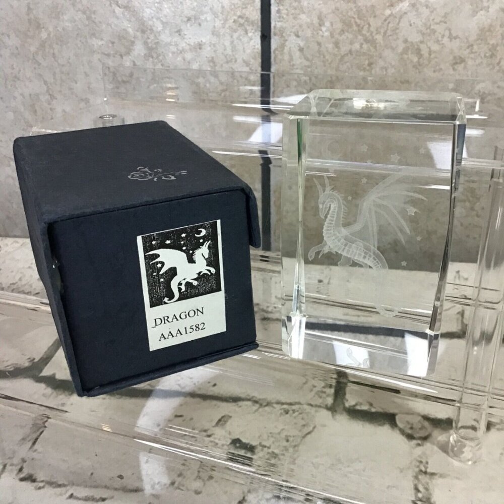 Laser Etched Cut Crystal Dragon 3” Paperweight With Case AAA1582‎